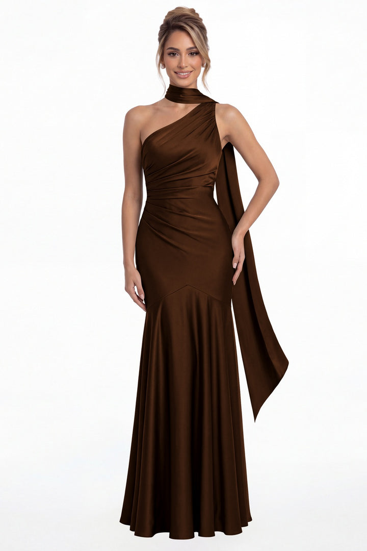 Brown One Shoulder Ruched Satin Sash Mermaid Maxi Gown - Front View