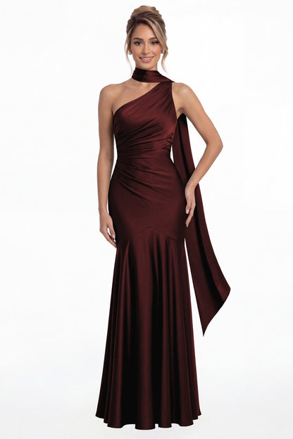 Burgundy One Shoulder Ruched Satin Sash Mermaid Maxi Gown - Front View