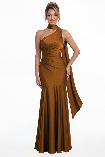 Burnt Orange One Shoulder Ruched Satin Sash Mermaid Maxi Gown - Front View