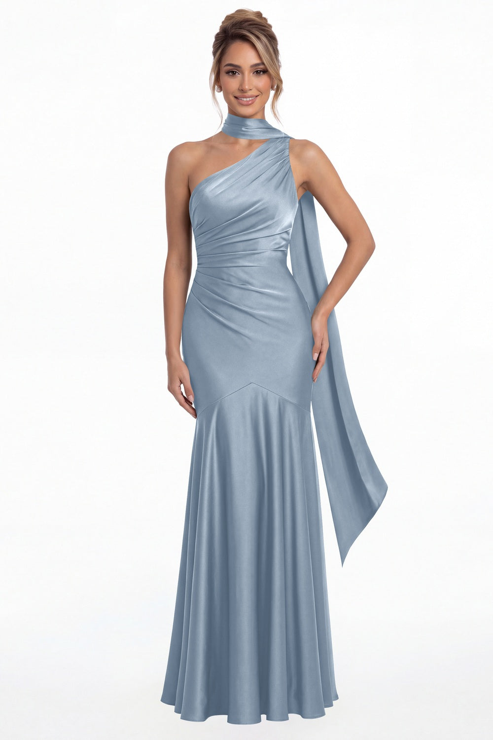 Dusty Blue One Shoulder Ruched Satin Sash Mermaid Maxi Gown - Front View