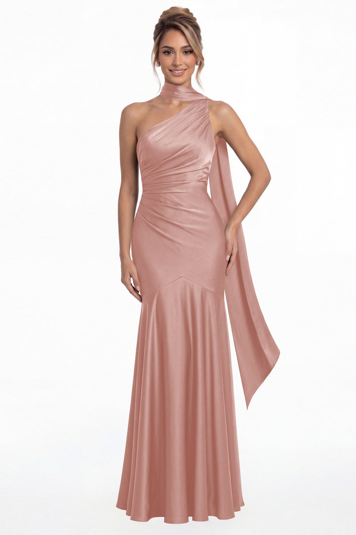 Dusty Rose One Shoulder Ruched Satin Sash Mermaid Maxi Gown - Front View