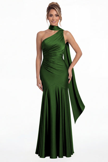 Emerald Green One Shoulder Ruched Satin Sash Mermaid Maxi Gown - Front View