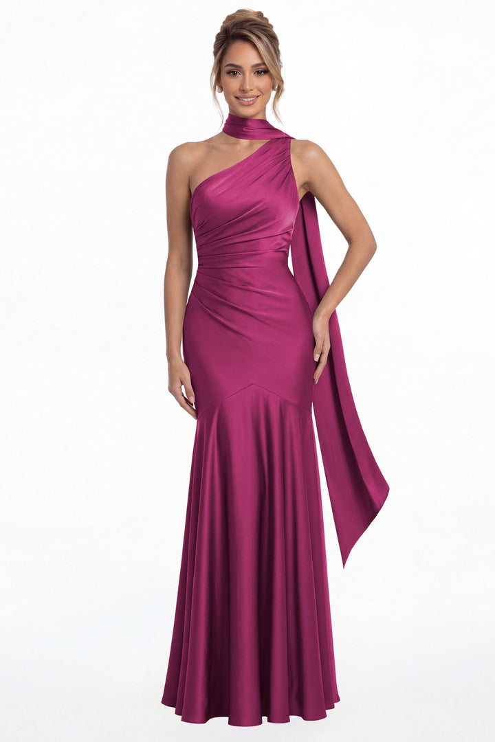 Fuchsia One Shoulder Ruched Satin Sash Mermaid Maxi Gown - Front View