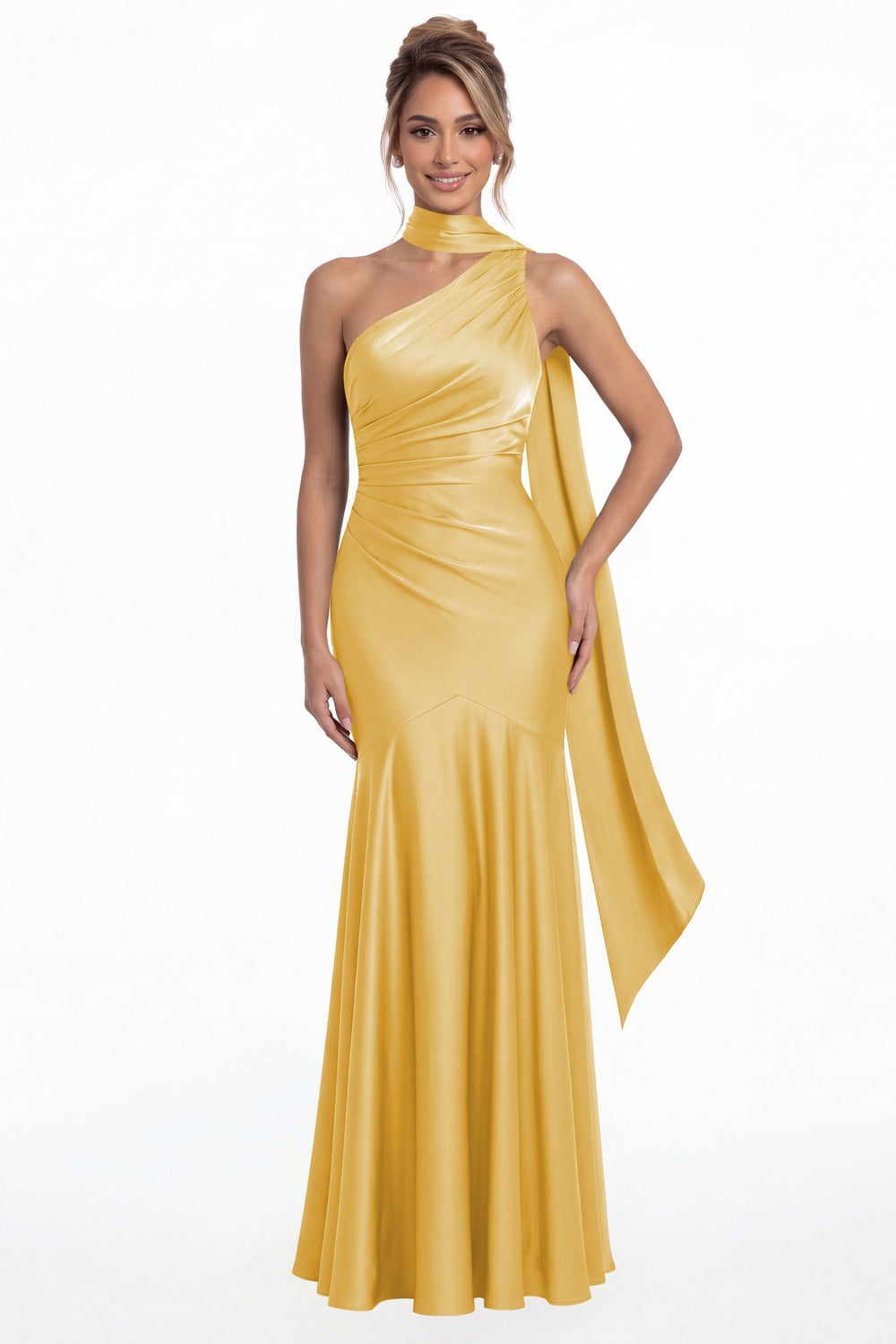 Gold One Shoulder Ruched Satin Sash Mermaid Maxi Gown - Front View