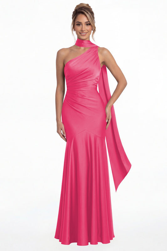 Hot Pink One Shoulder Ruched Satin Sash Mermaid Maxi Gown - Front View