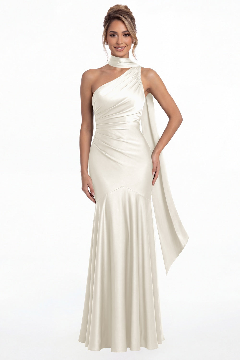 Ivory One Shoulder Ruched Satin Sash Mermaid Maxi Gown - Front View