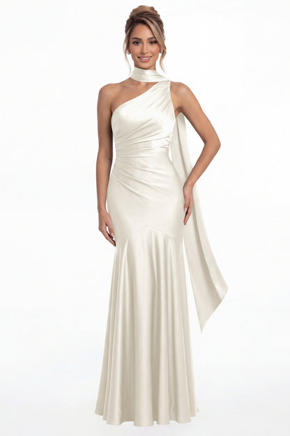 Ivory One Shoulder Ruched Satin Sash Mermaid Maxi Gown - Front View