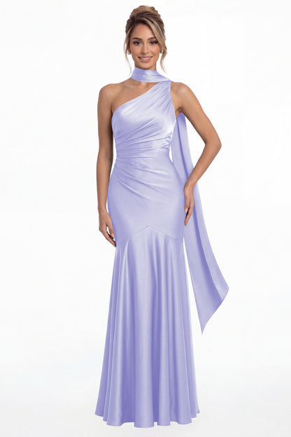 Lavender One Shoulder Ruched Satin Sash Mermaid Maxi Gown - Front View