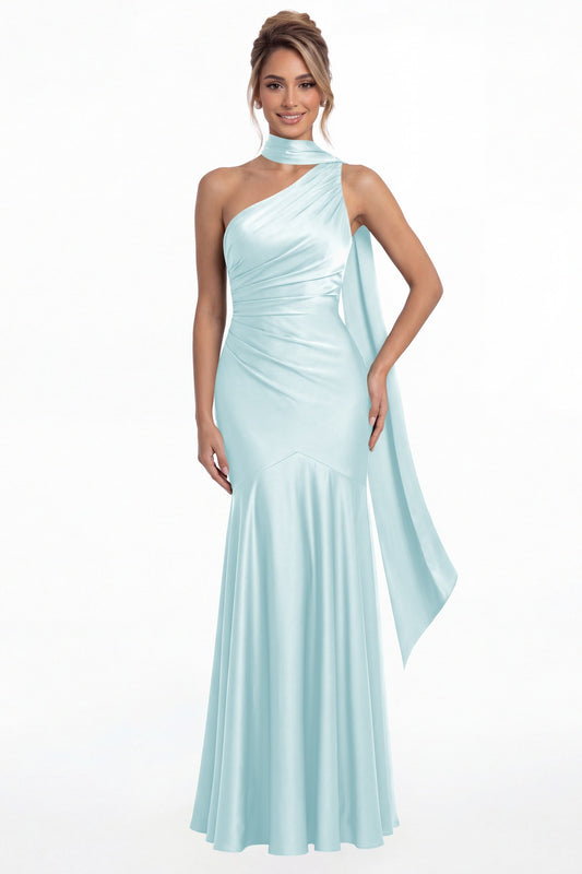 Light Blue One Shoulder Ruched Satin Sash Mermaid Maxi Gown - Front View
