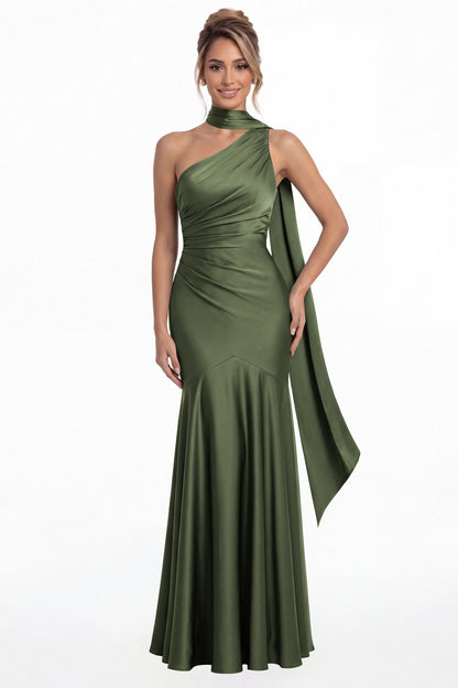 Moss Green One Shoulder Ruched Satin Sash Mermaid Maxi Gown - Front View