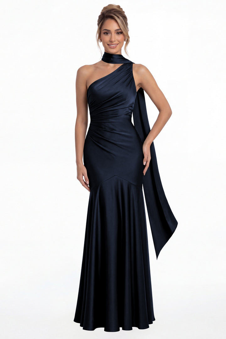 Navy Blue One Shoulder Ruched Satin Sash Mermaid Maxi Gown - Front View