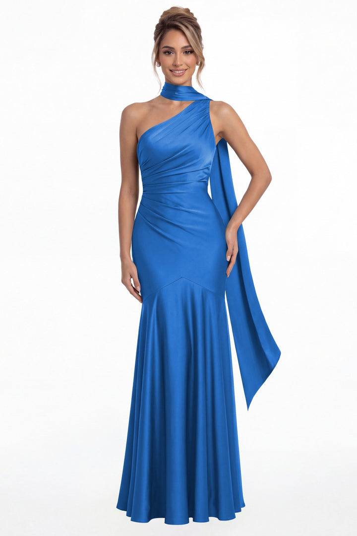Ocean Blue One Shoulder Ruched Satin Sash Mermaid Maxi Gown - Front View
