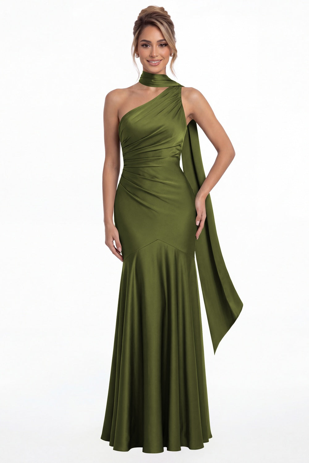 Olive Green One Shoulder Ruched Satin Sash Mermaid Maxi Gown - Front View