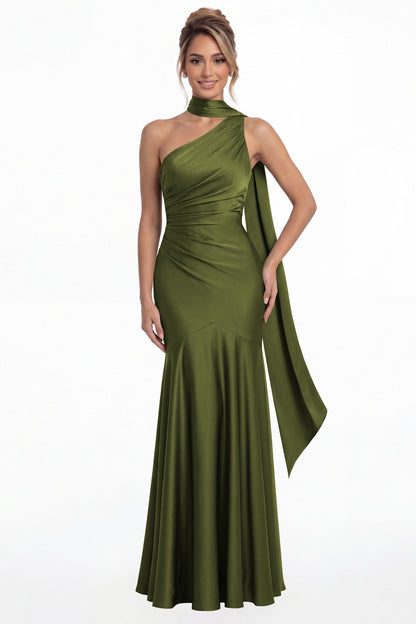 Olive Green One Shoulder Ruched Satin Sash Mermaid Maxi Gown - Front View