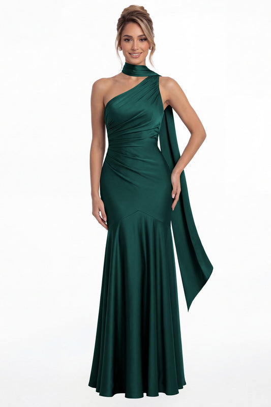 Peacock One Shoulder Ruched Satin Sash Mermaid Maxi Gown - Front View