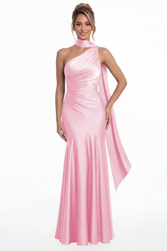 Pink One Shoulder Ruched Satin Sash Mermaid Maxi Gown - Front View