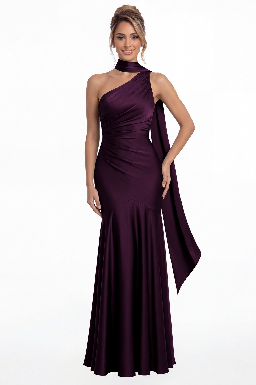 Plum One Shoulder Ruched Satin Sash Mermaid Maxi Gown - Front View