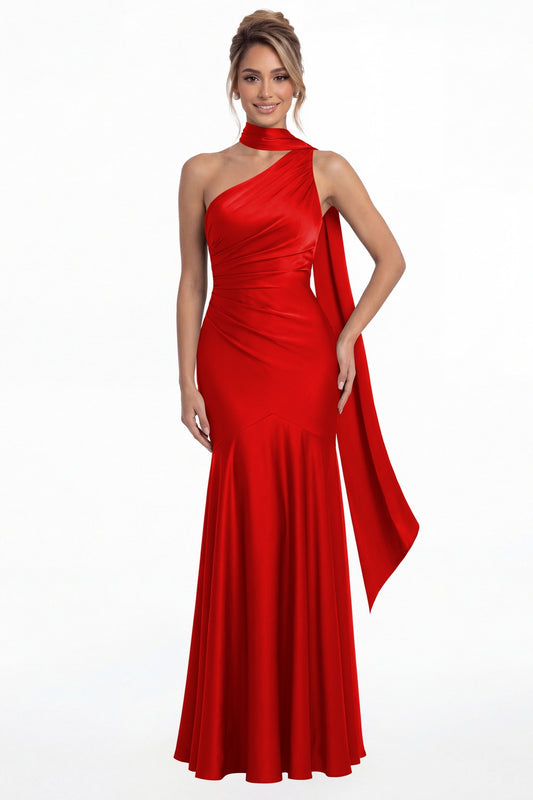 Red One Shoulder Ruched Satin Sash Mermaid Maxi Gown - Front View