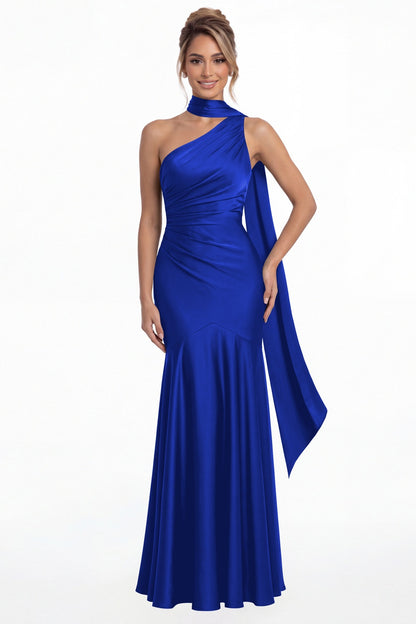 Royal Blue One Shoulder Ruched Satin Sash Mermaid Maxi Gown - Front View