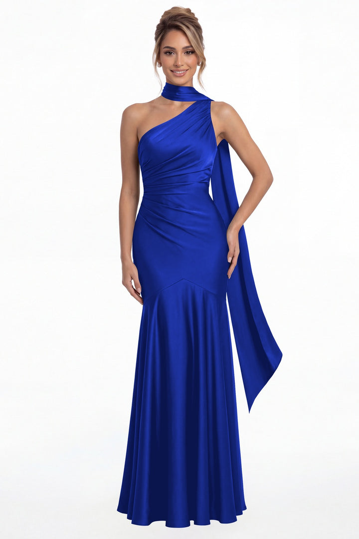 Royal Blue One Shoulder Ruched Satin Sash Mermaid Maxi Gown - Front View