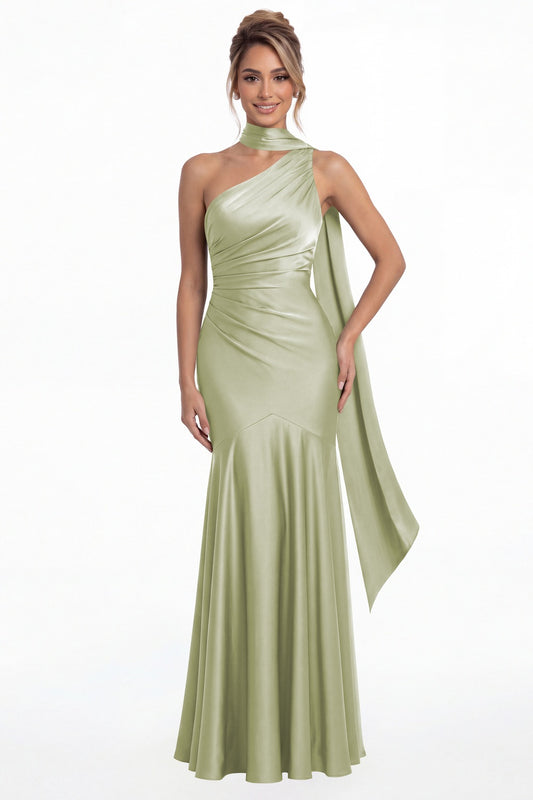 Sage Green One Shoulder Ruched Satin Sash Mermaid Maxi Gown - Front View