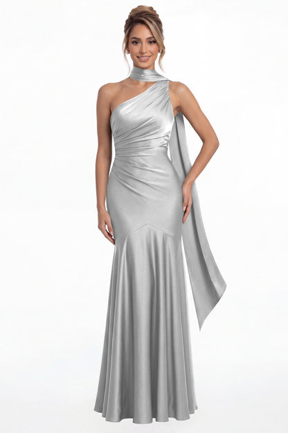 Silver One Shoulder Ruched Satin Sash Mermaid Maxi Gown - Front View