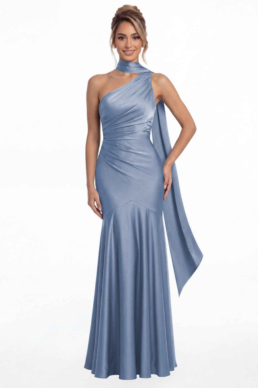 Steel Blue One Shoulder Ruched Satin Sash Mermaid Maxi Gown - Front View
