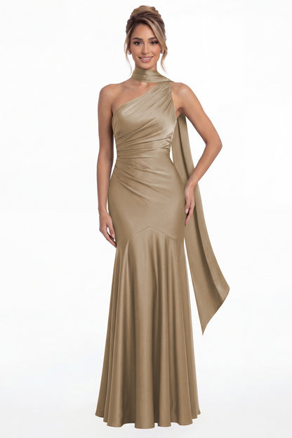 Taupe One Shoulder Ruched Satin Sash Mermaid Maxi Gown - Front View