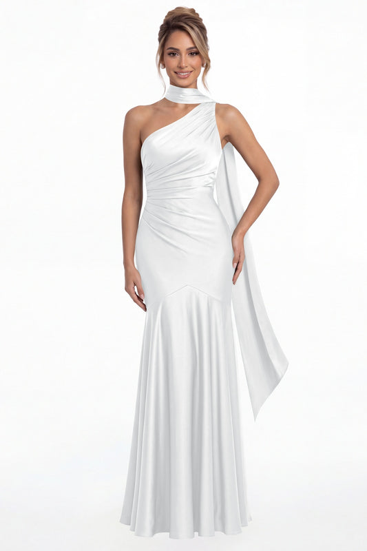White One Shoulder Ruched Satin Sash Mermaid Maxi Gown - Front View