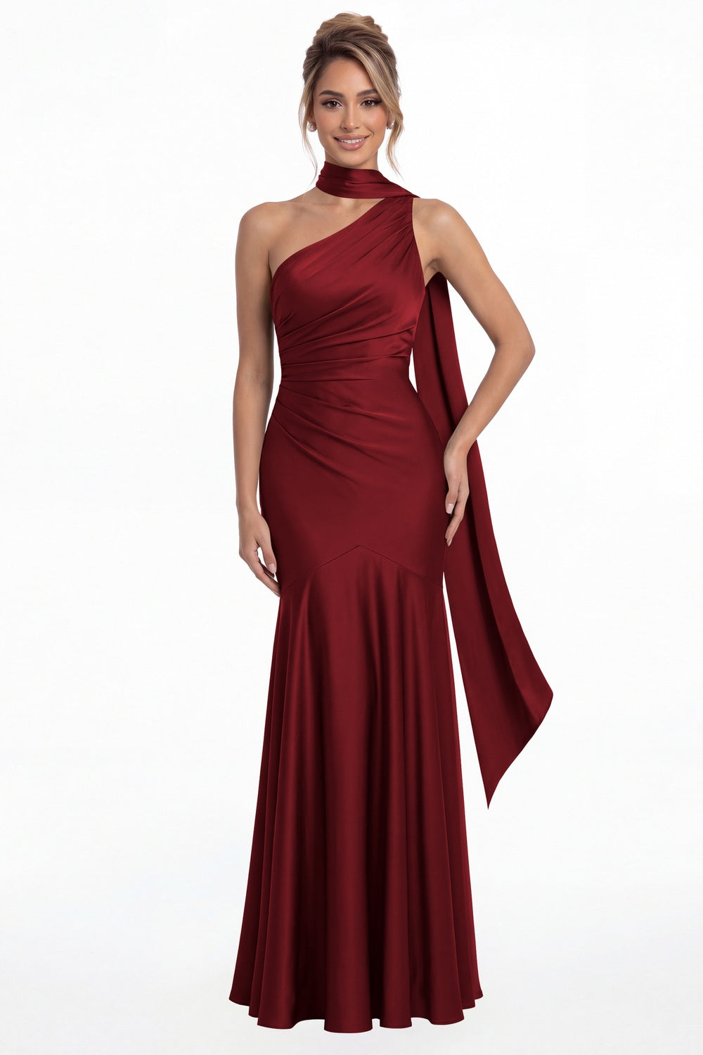 Wine Red One Shoulder Ruched Satin Sash Mermaid Maxi Gown - Front View