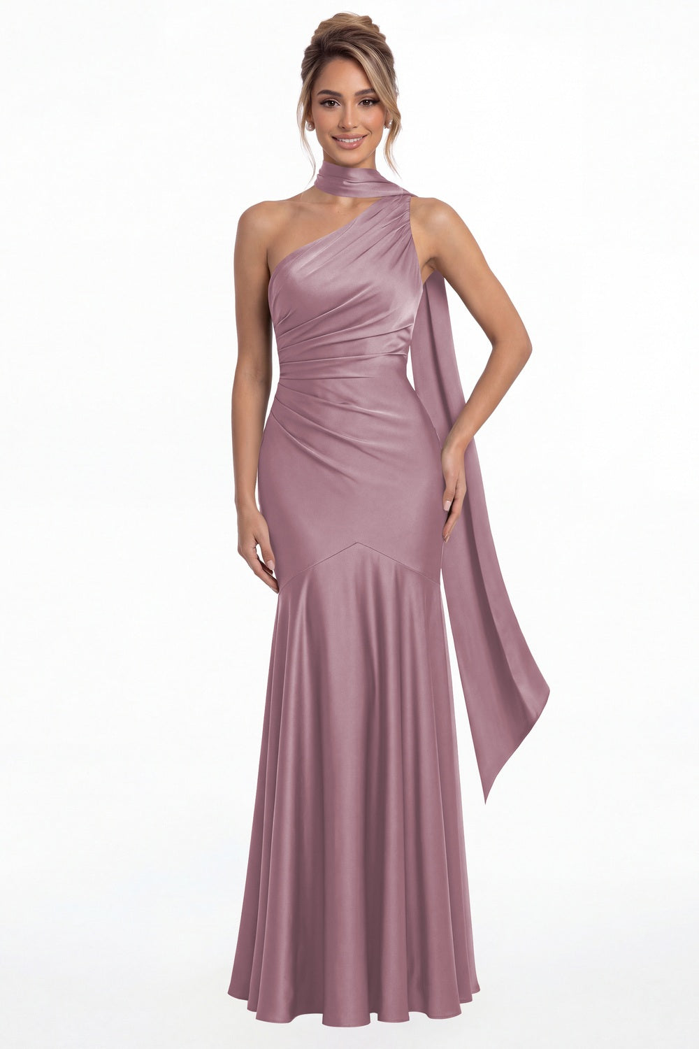 Wisteria One Shoulder Ruched Satin Sash Mermaid Maxi Gown - Front View