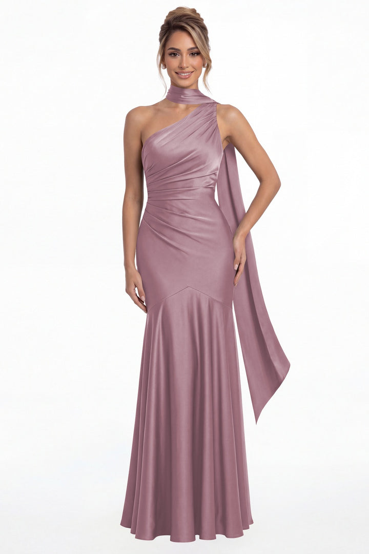 Wisteria One Shoulder Ruched Satin Sash Mermaid Maxi Gown - Front View