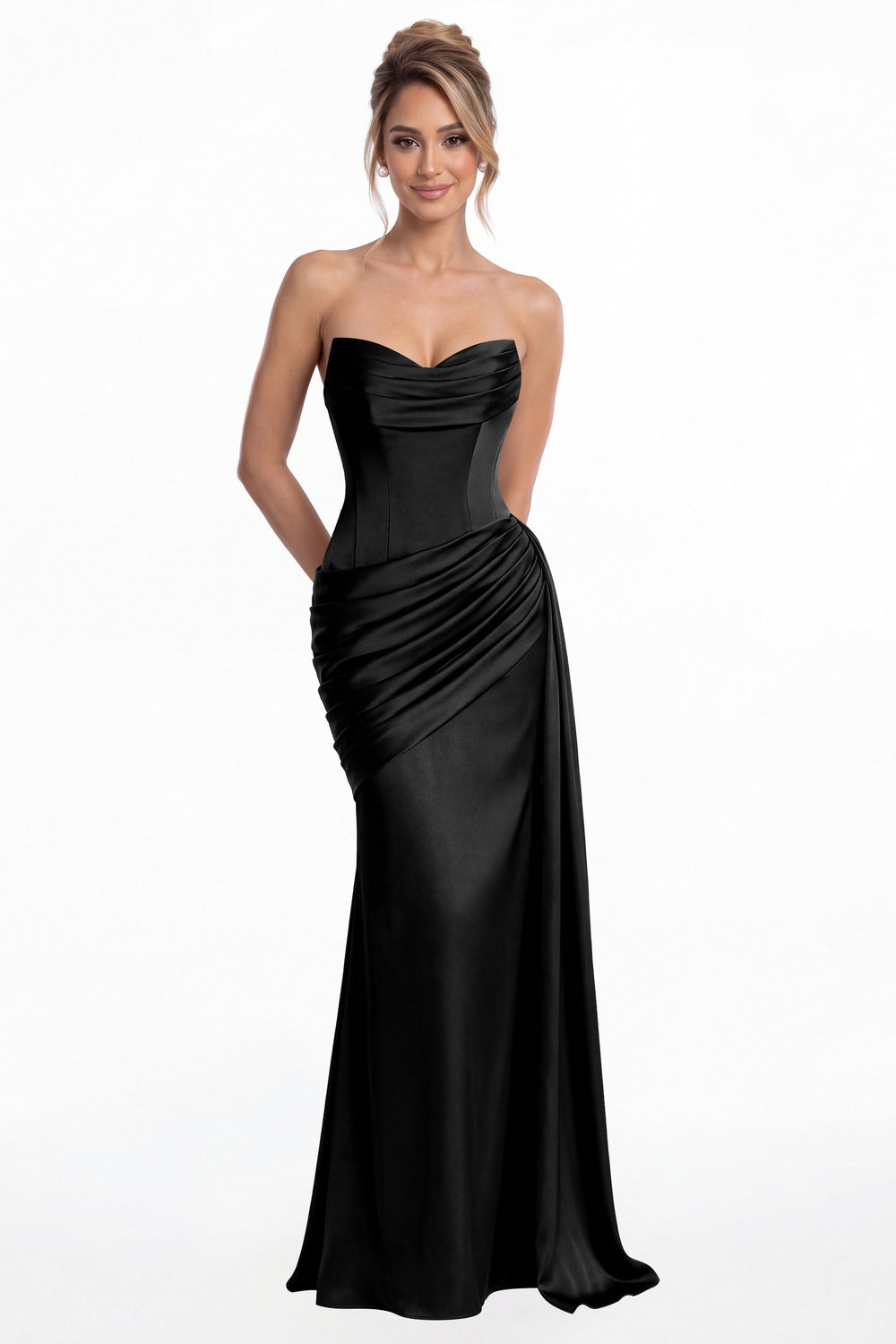 Black Sweetheart Satin Ruched Mermaid Maxi Gown - Front View