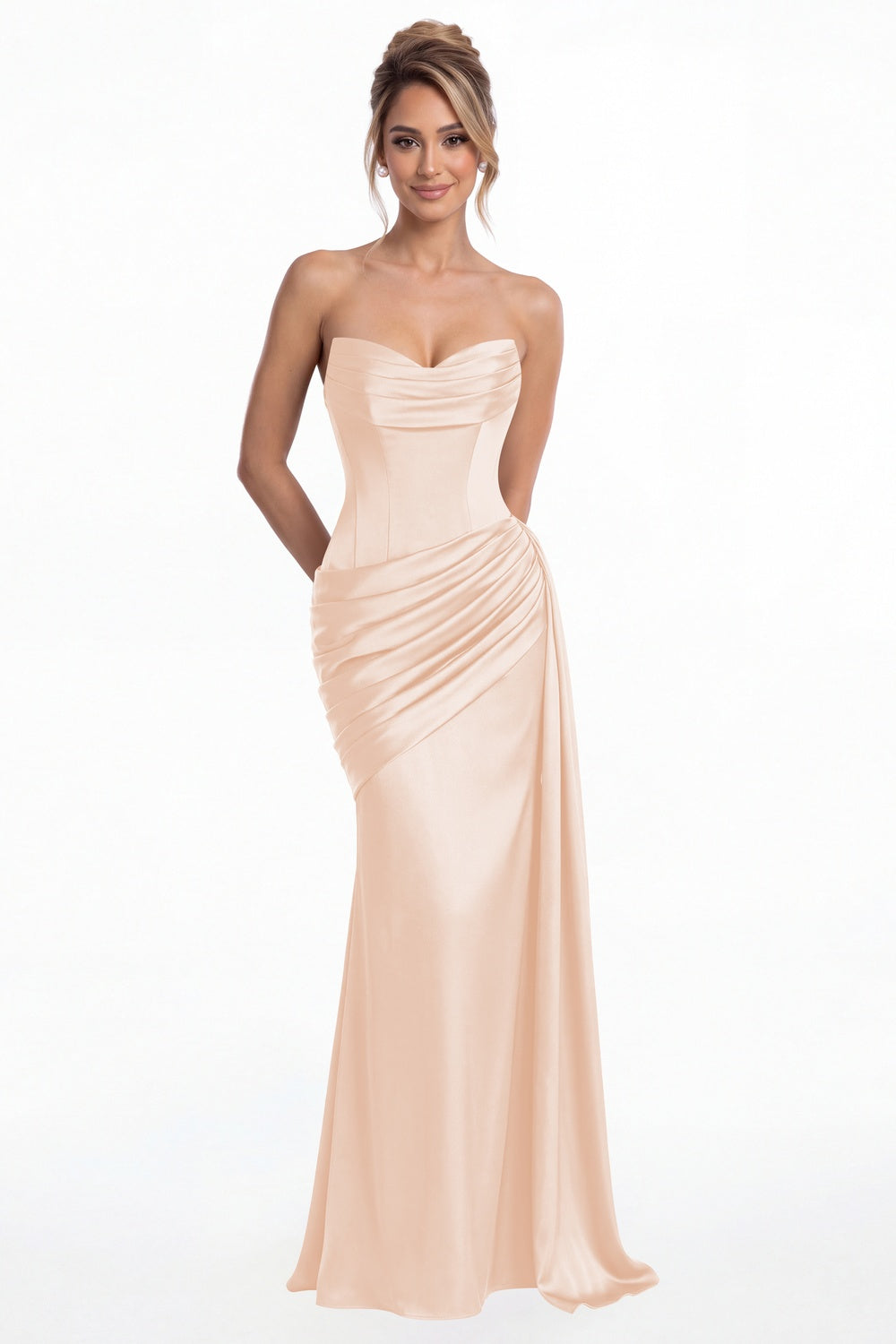 Blush Pink Sweetheart Satin Ruched Mermaid Maxi Gown - Front View