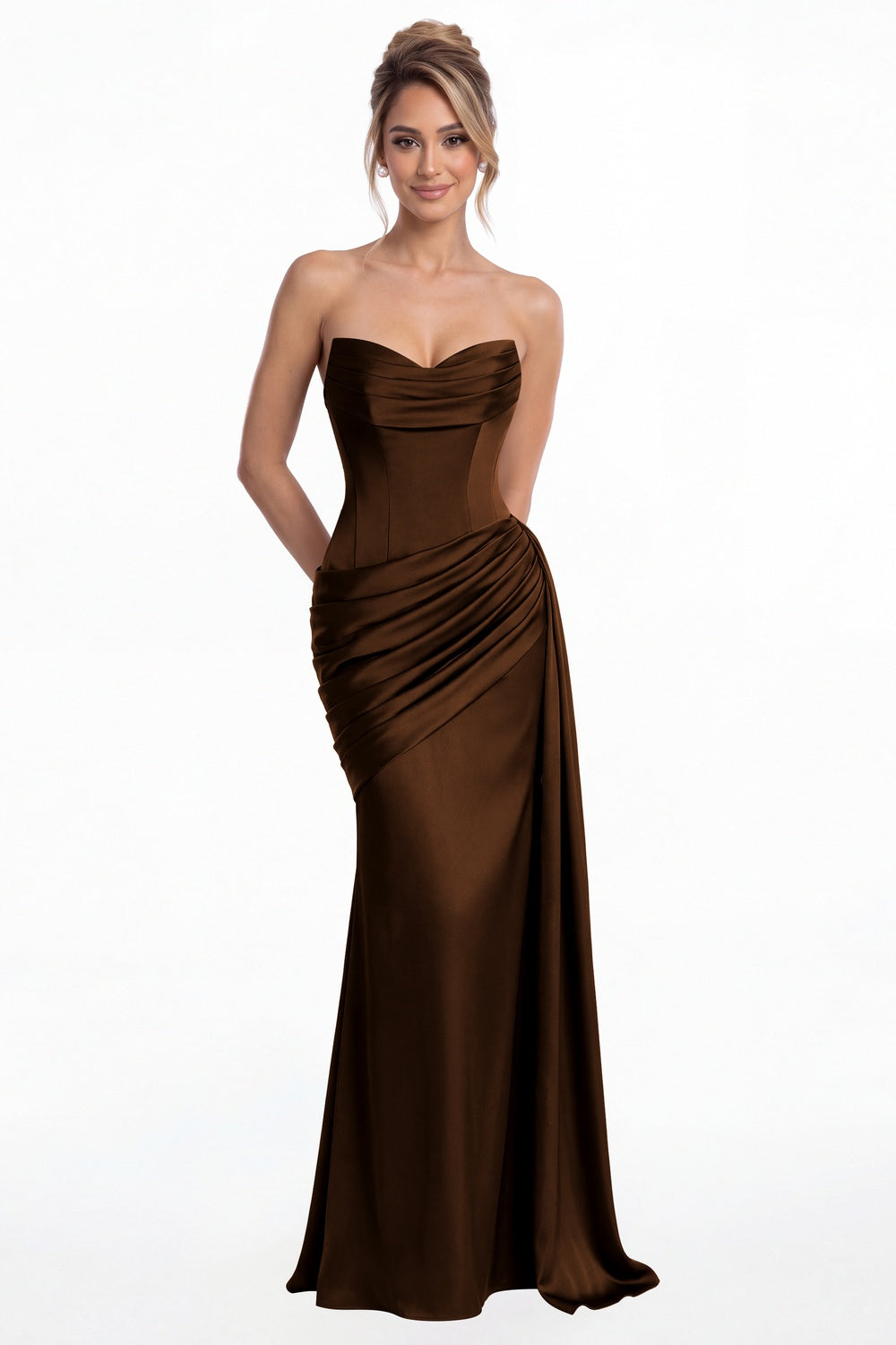 Brown Sweetheart Satin Ruched Mermaid Maxi Gown - Front View