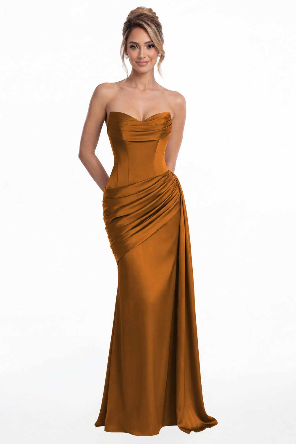 Burnt Orange Sweetheart Satin Ruched Mermaid Maxi Gown - Front View