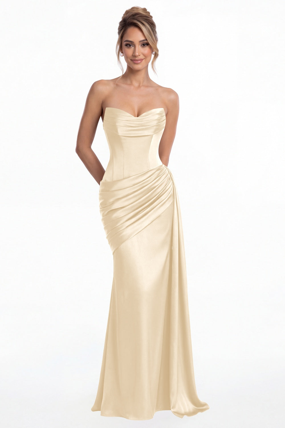 Champagne Sweetheart Satin Ruched Mermaid Maxi Gown - Front View