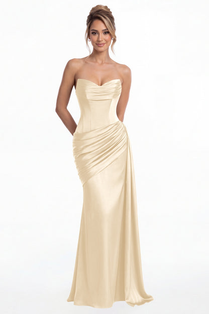 Champagne Sweetheart Satin Ruched Mermaid Maxi Gown - Front View