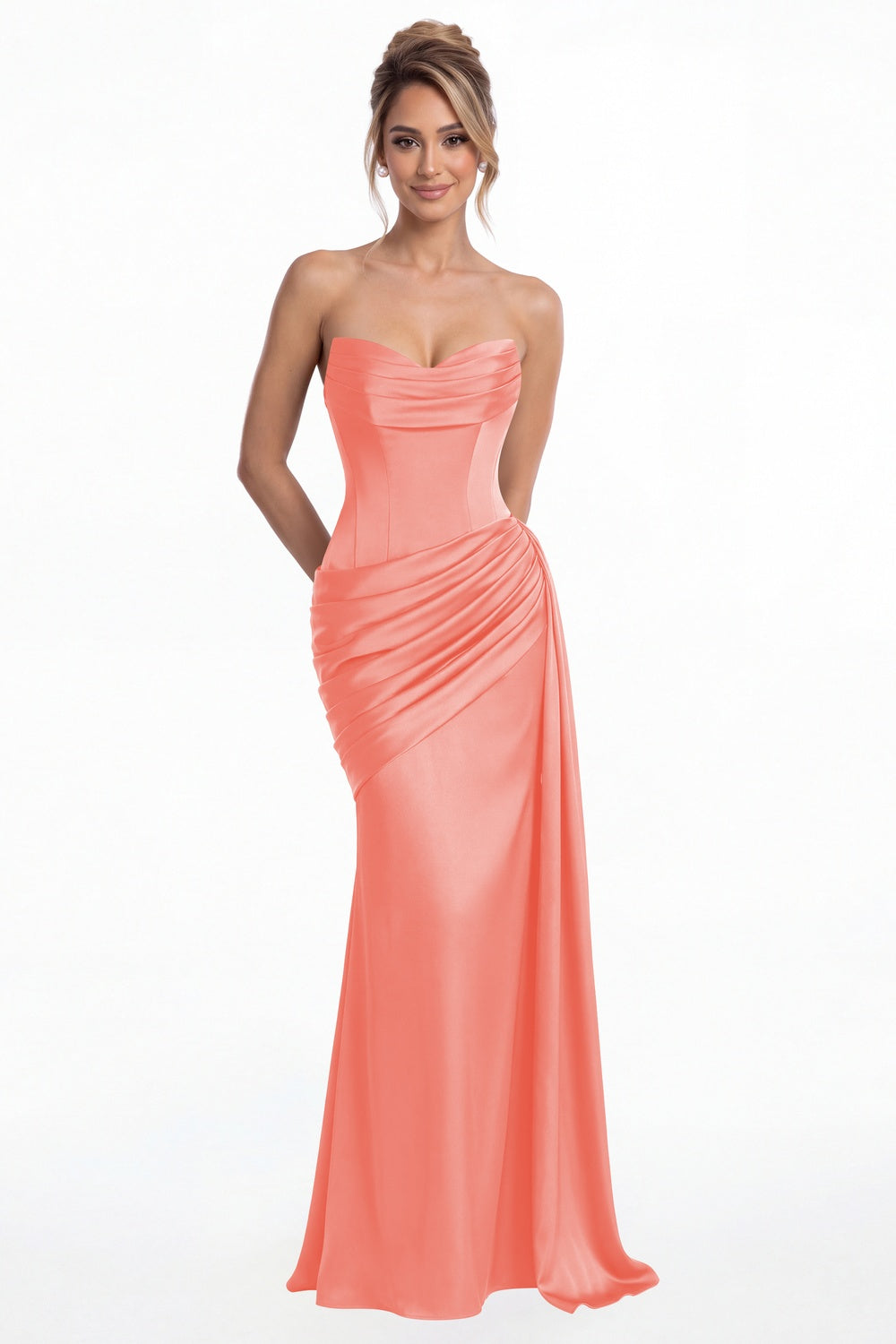 Coral Sweetheart Satin Ruched Mermaid Maxi Gown - Front View