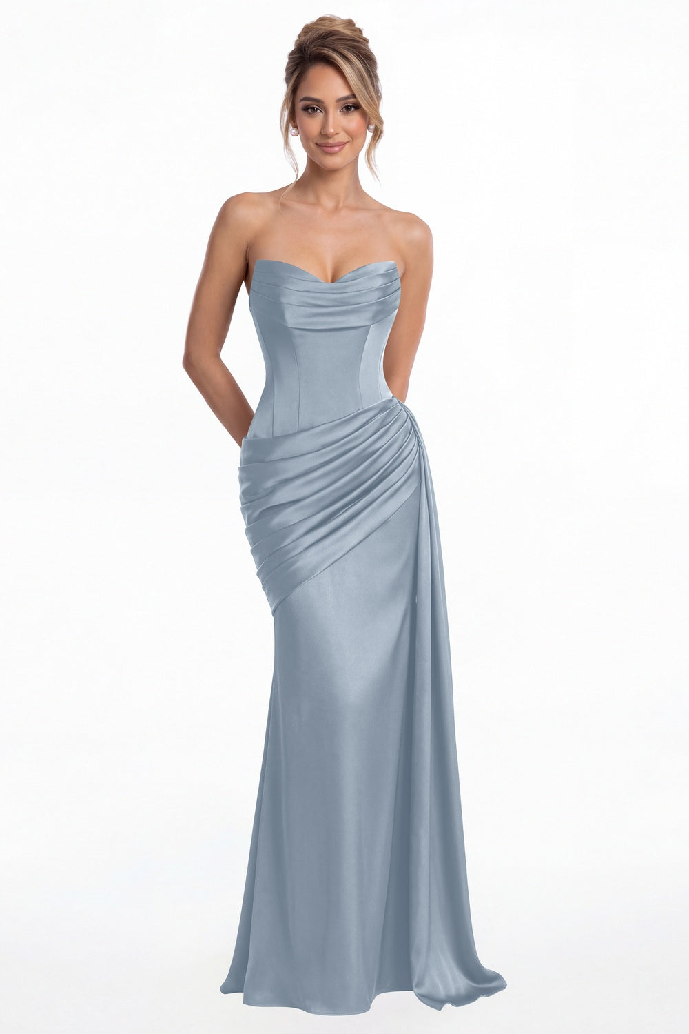 Dusty Blue Sweetheart Satin Ruched Mermaid Maxi Gown - Front View