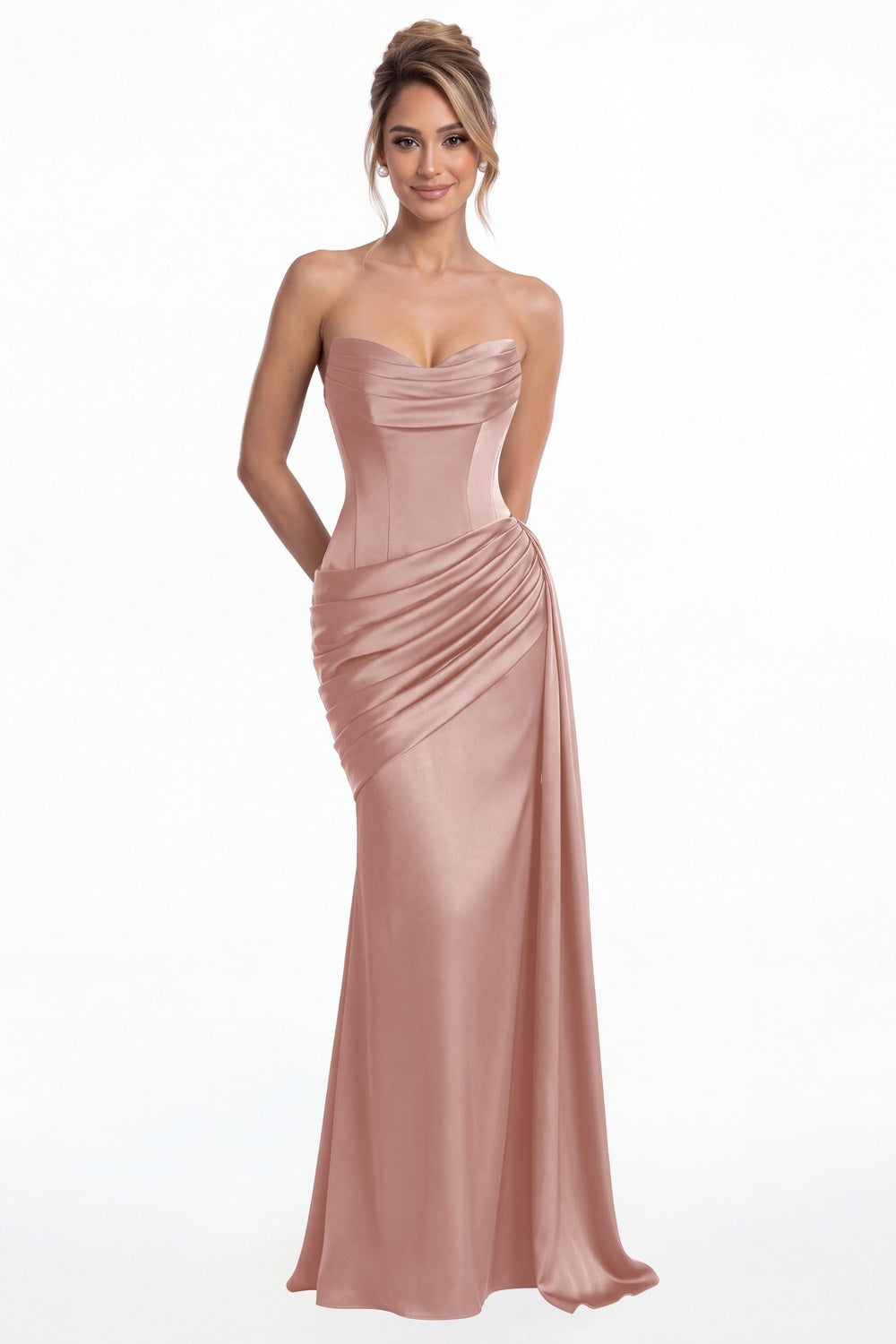 Dusty Rose Sweetheart Satin Ruched Mermaid Maxi Gown - Front View