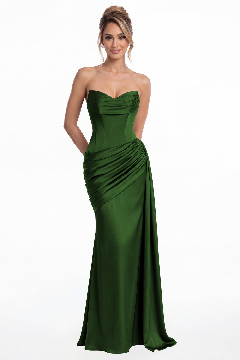 Emerald Green Sweetheart Satin Ruched Mermaid Maxi Gown - Front View