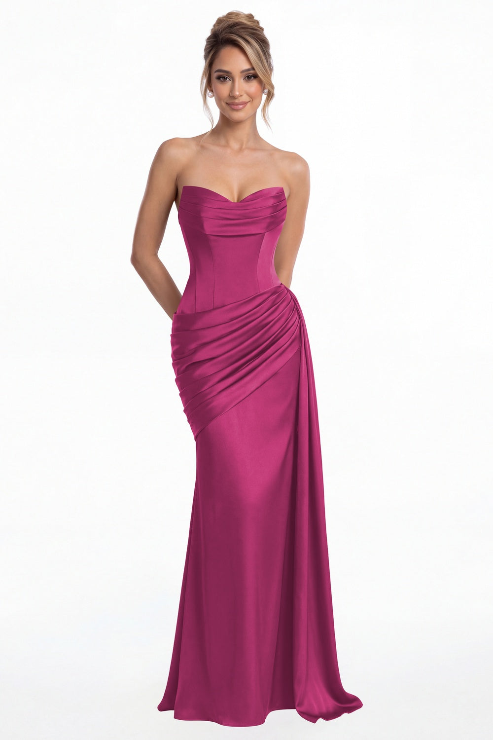Fuchsia Sweetheart Satin Ruched Mermaid Maxi Gown - Front View
