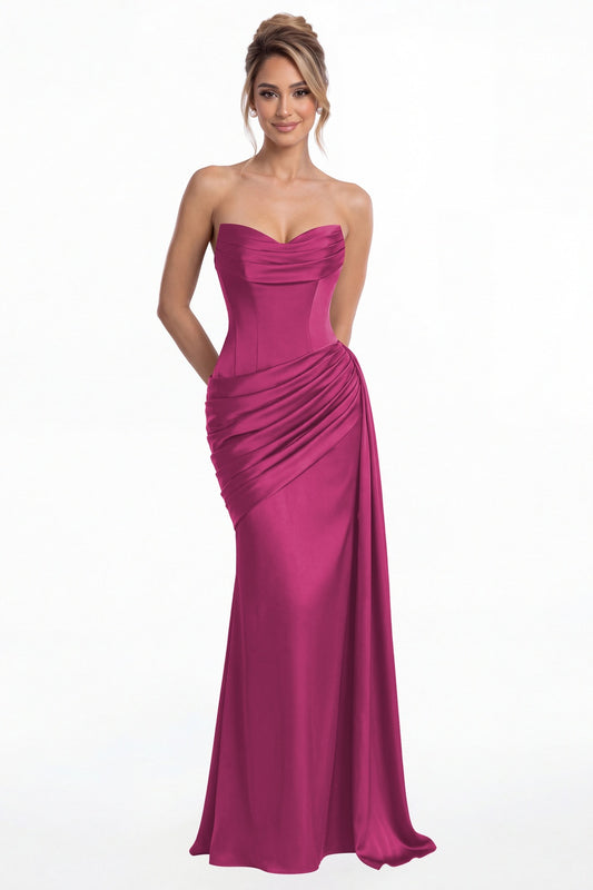 Fuchsia Sweetheart Satin Ruched Mermaid Maxi Gown - Front View