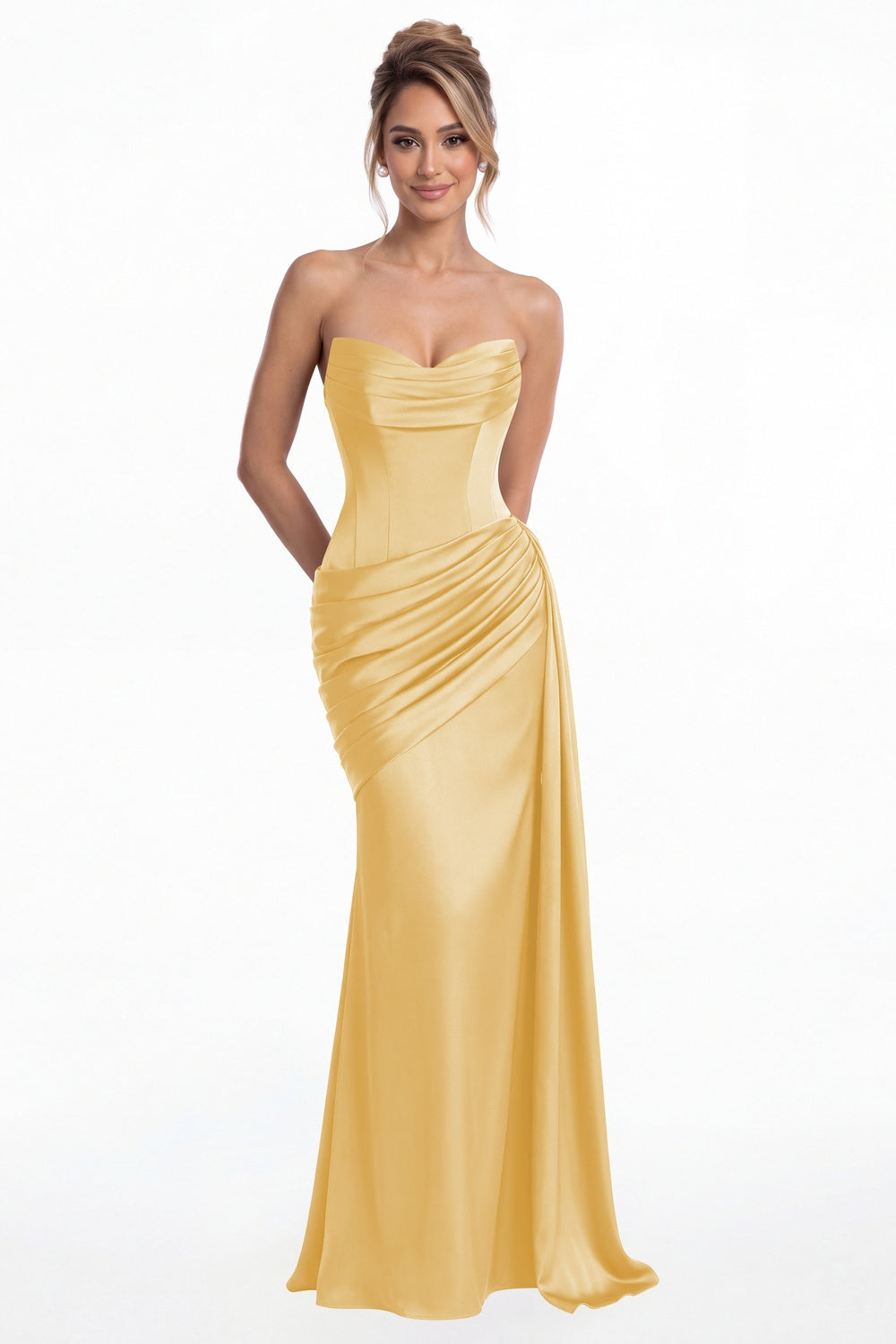 Gold Sweetheart Satin Ruched Mermaid Maxi Gown - Front View