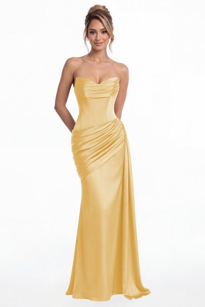 Gold Sweetheart Satin Ruched Mermaid Maxi Gown - Front View