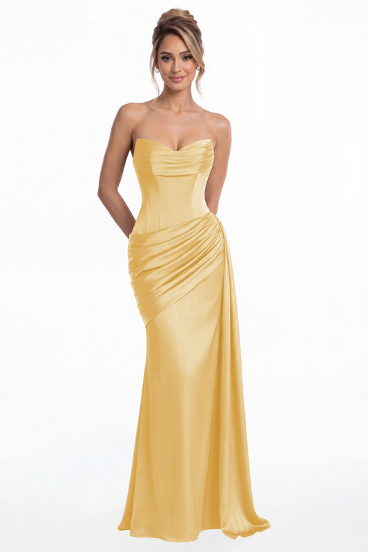 Gold Sweetheart Satin Ruched Mermaid Maxi Gown - Front View