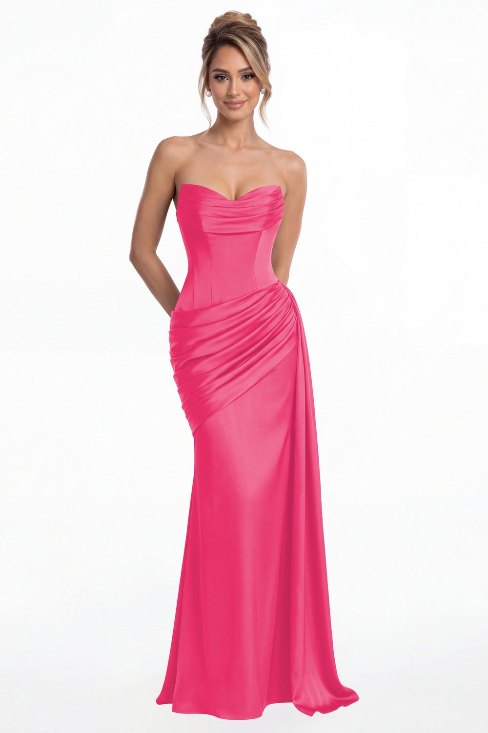 Hot Pink Sweetheart Satin Ruched Mermaid Maxi Gown - Front View