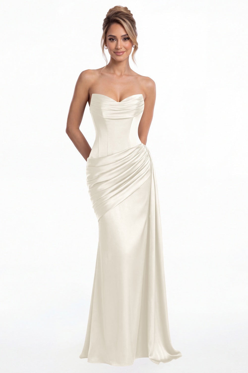 Ivory Sweetheart Satin Ruched Mermaid Maxi Gown - Front View