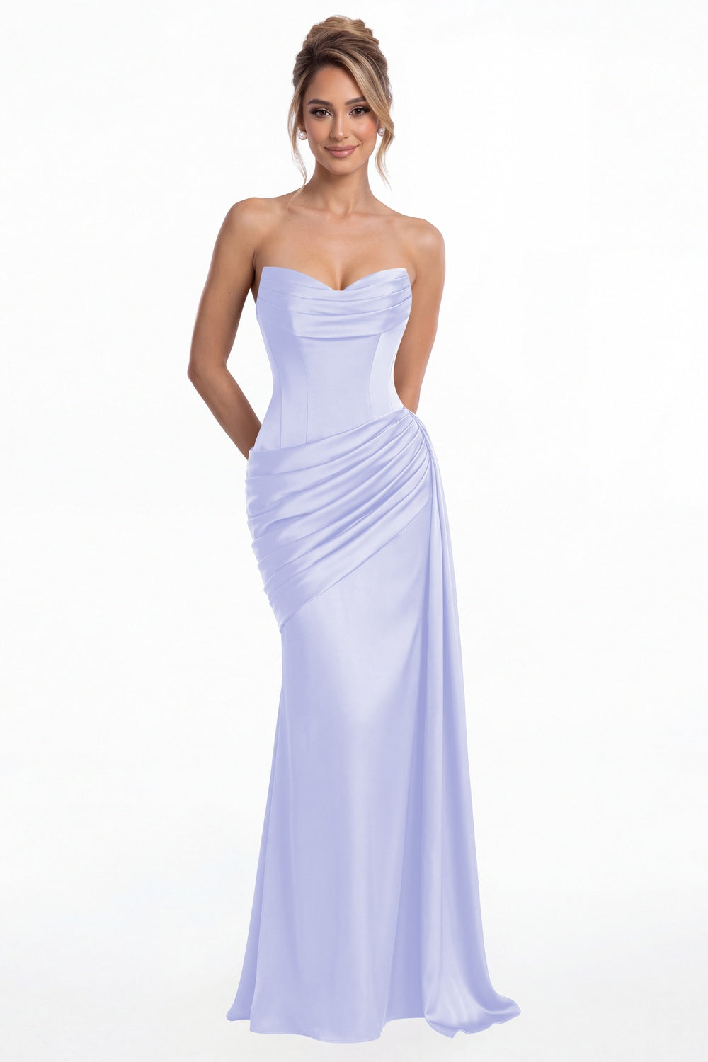 Lavender Sweetheart Satin Ruched Mermaid Maxi Gown - Front View